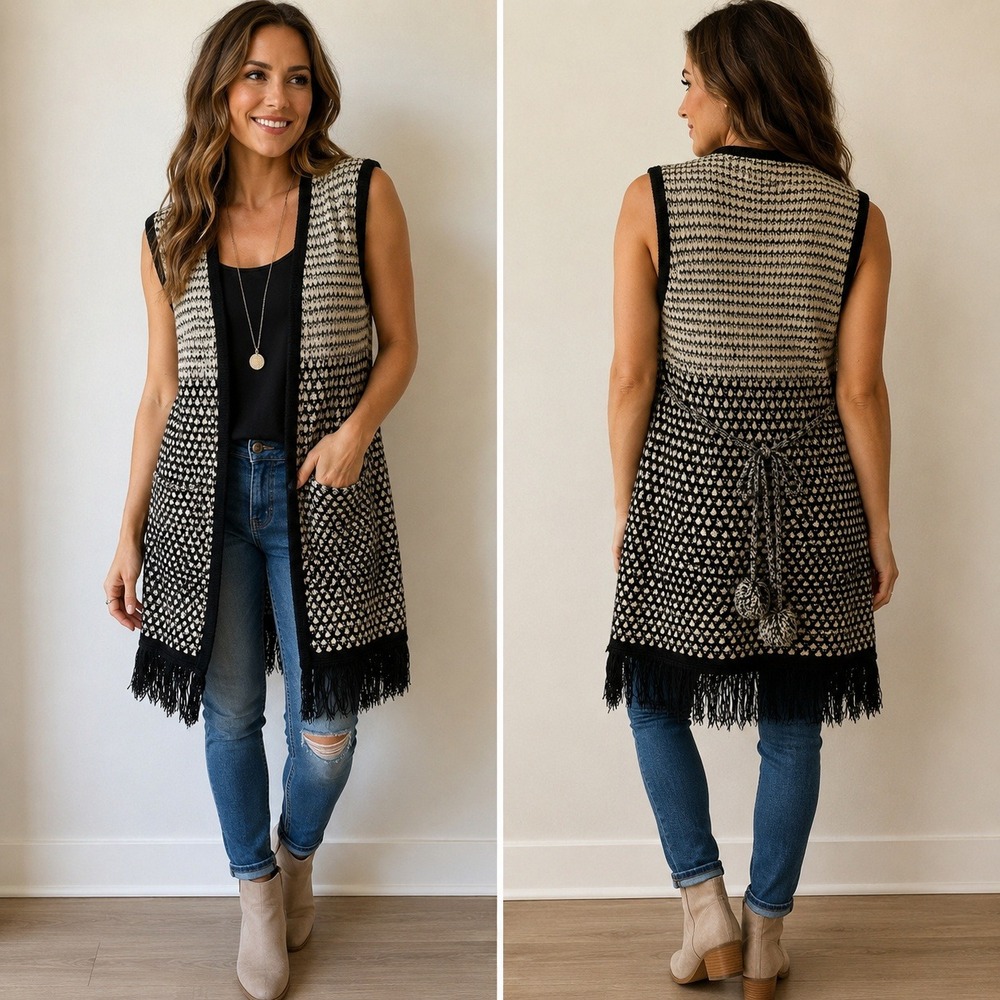 boho fringe Knit Vest Women L Black Cream Pom-Pom Longline Cardigan vest Y2K